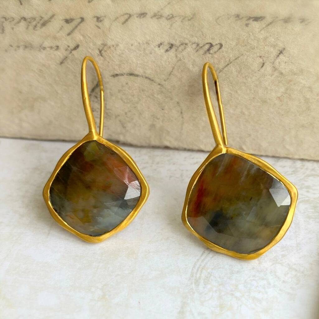Autumn Hue Sapphire Gold Geometric Drop Earrings By Embers