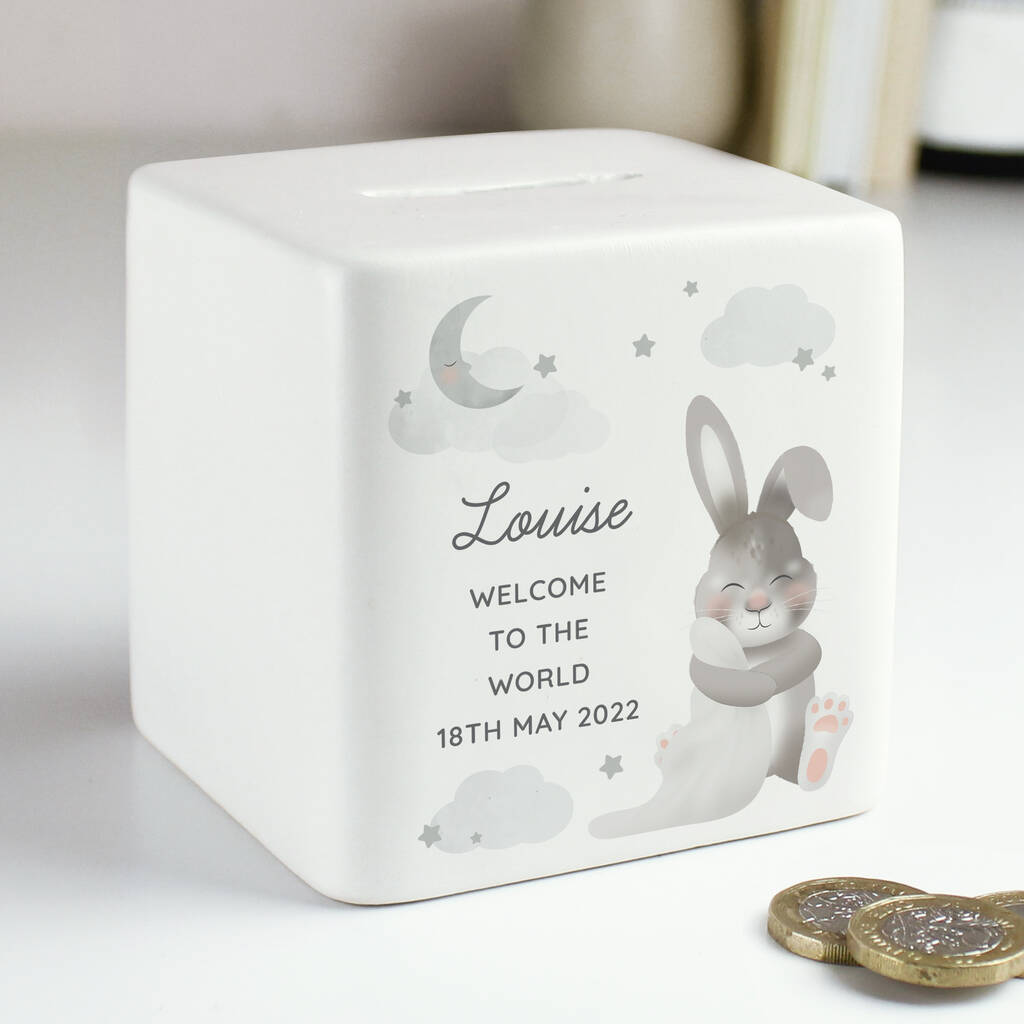 Personalised Money Box Baby Bunny Design By Alice Frederick