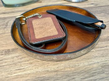 Personalised Burnt Tan Round Leather Accessory Tray, 6 of 7