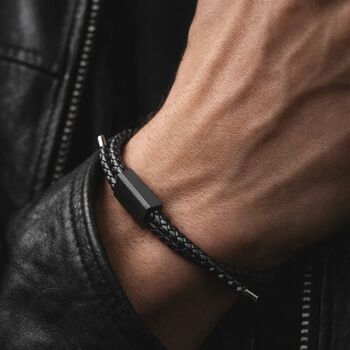Men's Black Leather Bracelet With Adjustable Fit And Single Clasp, Artisan Jewellery, 2 of 7