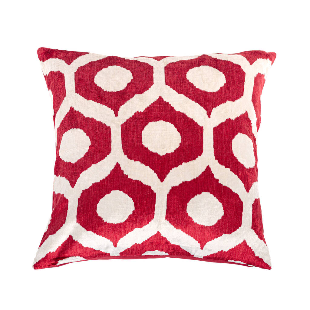 Red Drop Pattern Silk Ikat Velvet Cushion Cover 50x50cm, 1 of 6