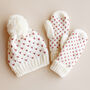 White And Pink Knitted Bobble Hat And Mittens Set, thumbnail 2 of 8