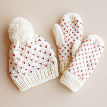 White And Pink Knitted Bobble Hat And Mittens Set, 2 of 8