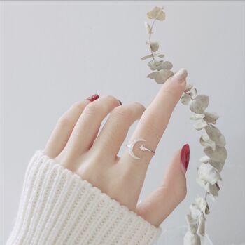 Sterling Silver Crystal Crescent Moon Adjustable Ring, 2 of 6