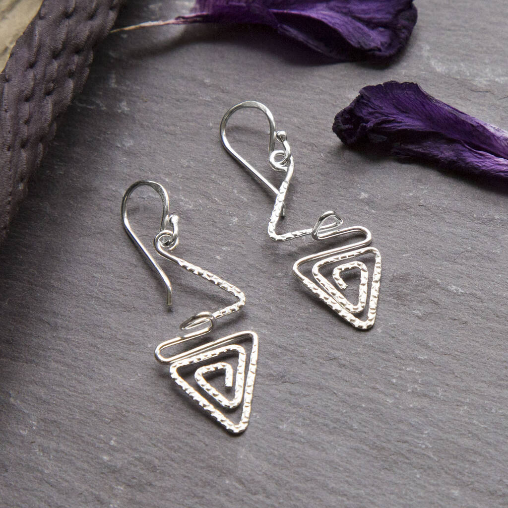 Sterling Silver Dangly Textured Triangle Swirl Earrings, 1 of 4