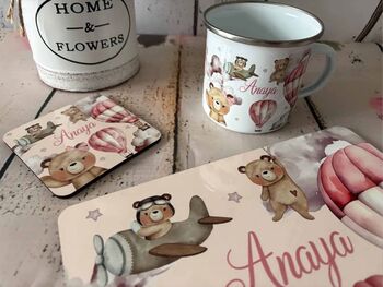 Kids Personalised Pink Teddy Bear Placemat, Coaster And Mug Dinner Set, 4 of 7