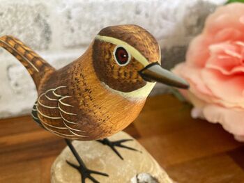 Hand Carved Wooden Wren Ornament Garden Bird Figurine, 8 of 10