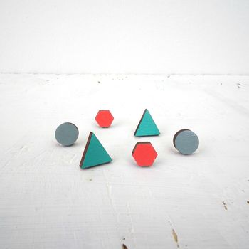 Geometric Wooden Trio Of Eco Stud Earrings, 7 of 8