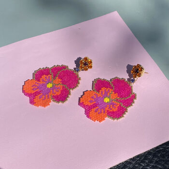 Hand Beaded Pink Pansy Statement Earrings, 2 of 9