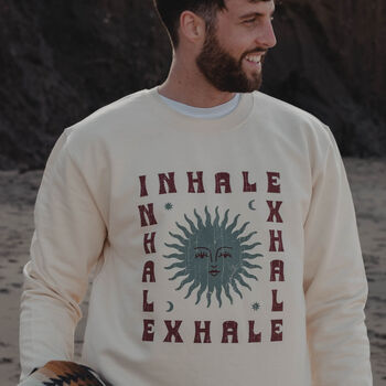 Mens 'Inhale Exhale' Cream Sweatshirt, 3 of 5