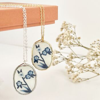 Blue And White Floral Handmade Oval Clay Necklace, 2 of 9