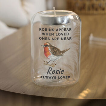 Personalised Robin Memorial Feather Tealight Holder, 2 of 5