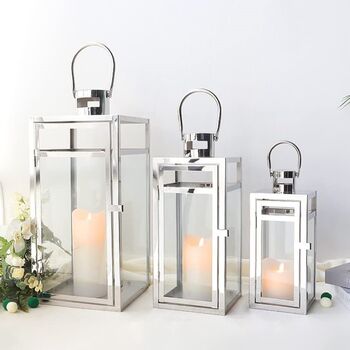 Set Of Three Silver Stainless Candle Holder Lantern, 2 of 6