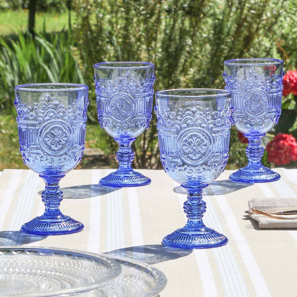 Set Of Four Embossed Blue Wine Glasses By Dibor