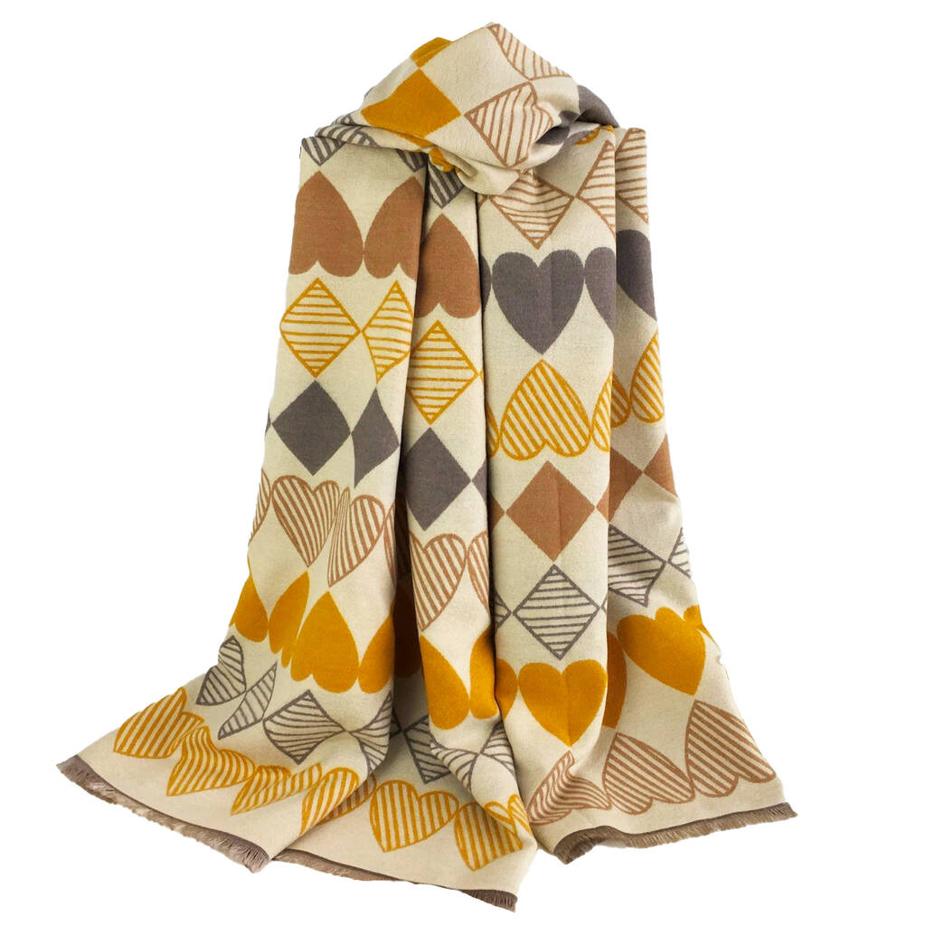 Love Heart Winter Scarf In Mustard Yellow And Greys, 1 of 2