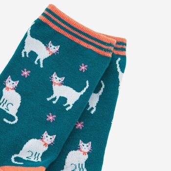 Women's Bamboo Socks Teal White Cats, 3 of 4