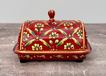 Handpainted Red Patterned Butter Dish, 4 of 5