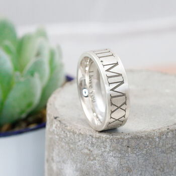 Roman Numerals Personalised Silver Ring 8mm Flat, 6 of 10