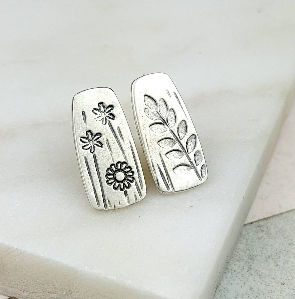 Mismatched Stamped Silver Studs, 1 of 5