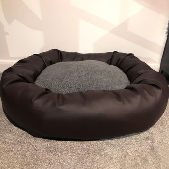 Vegan Leather Donut Dog Bed With Sherpa Fleece Cushion, 12 of 12