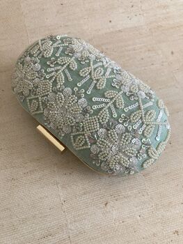 Mint Green Raw Silk Oval Pearl Clutch Bag, 2 of 8