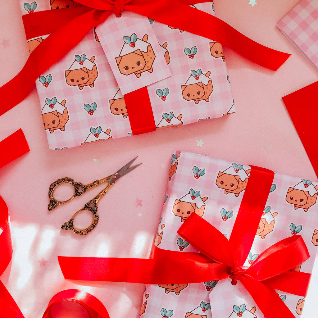 Gingham Christmas Pudding Cat Wrapping Paper Set, 1 of 3