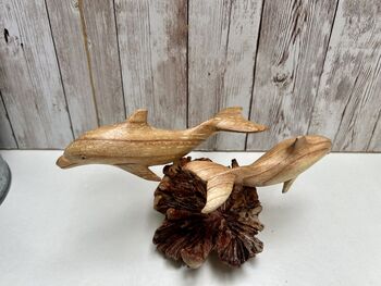 Hand Carved Wooden Dolphin Pair Sculpture Ornament, 10 of 12