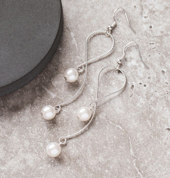 Silver Colour Snake Chain And Pearl Drop Earrings, 2 of 4