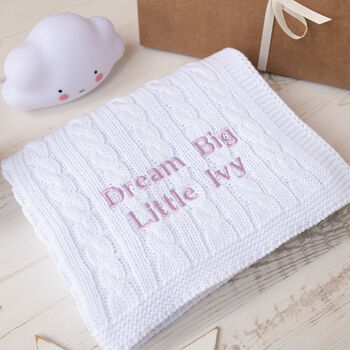 White Cable Baby Blanket And Hat Gift Set, 2 of 10