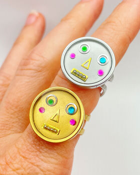 Statement Ring With Cute Robot Faces In Gold Or Silver, 2 of 10