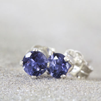 Blue Iolite Gemstone Stud Earrings In Silver Or Gold, 5 of 6