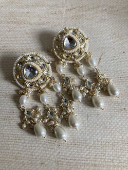 Pearl Dangle Gold Plated White Kundan Earrings, 4 of 4