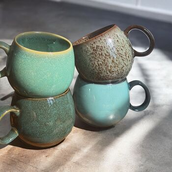 Set Of Four Reactive Glaze Mugs In Tones Of The Rainforest, 4 of 11