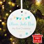 My First Christmas Baby Boy Garland Ceramic Disc Hanging Decoration Bauble + Gift Box, thumbnail 1 of 6