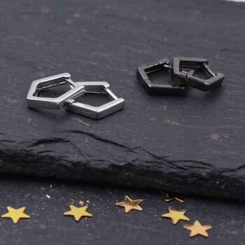Sterling Silver Pentagon Huggie Hoop Earrings, 7 of 12