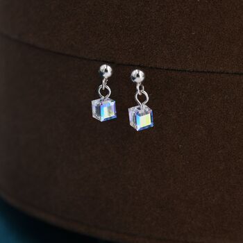 Aurora Borealis Cube Drop Stud Earrings Sterling Silver, 8 of 12