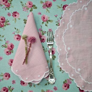 Pair Of Scalloped Embroidered Pink Linen Napkins, 5 of 10