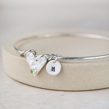 Sterling Silver Heart Charm Birthstone Bangle, 5 of 6