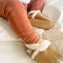 Dotty Fish Tan Soft Suede Baby And Toddler Slippers, thumbnail 2 of 8