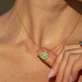 Four Leaves Clover Necklace In Gold Green Gemstones, 3 of 5