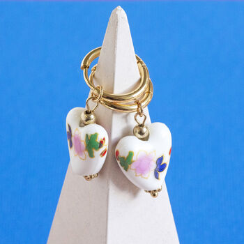 Floral Porcelain Heart Huggie Earrings, 7 of 11