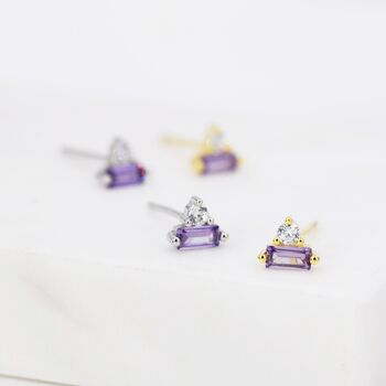 Lilac Purple Baguette And Round Cz Stud Earrings, 2 of 12