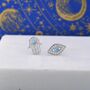 Mismatched Hamsa Hand And Evil Eye Cz Stud Earrings In Sterling Silver With Blue Opal, thumbnail 4 of 12