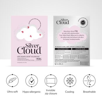 Silver Cloud Heart Print Satin Pillowcase With Silver Ions, 2 of 4
