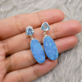 Blue Topaz, Druzy Agate Silver Dangle Earrings, 2 of 7