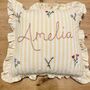 Hand Embroidered Personalised Cushion Lemon Stripe Ruffle Trim, thumbnail 1 of 7