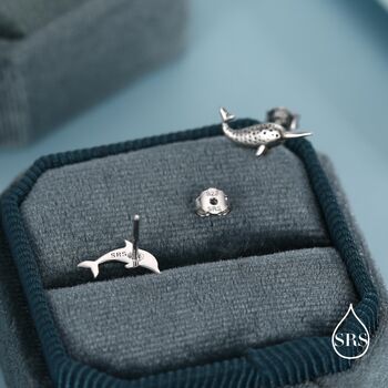Mismatched Narwhal Unicorn Whale And Dolphin Stud Earrings In Sterling Silver, 2 of 12