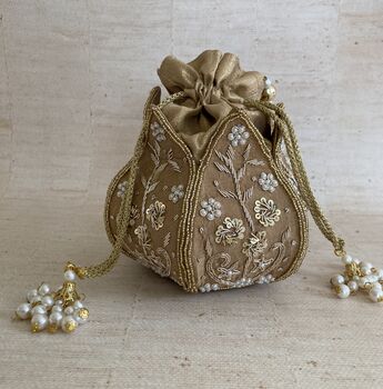 Gold Handcrafted Raw Silk Potli Bag/Wrist Bag, 3 of 8