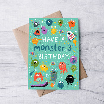 Monster Birthday Card, Boys 3rd Birthday Card, Aliens, 2 of 3