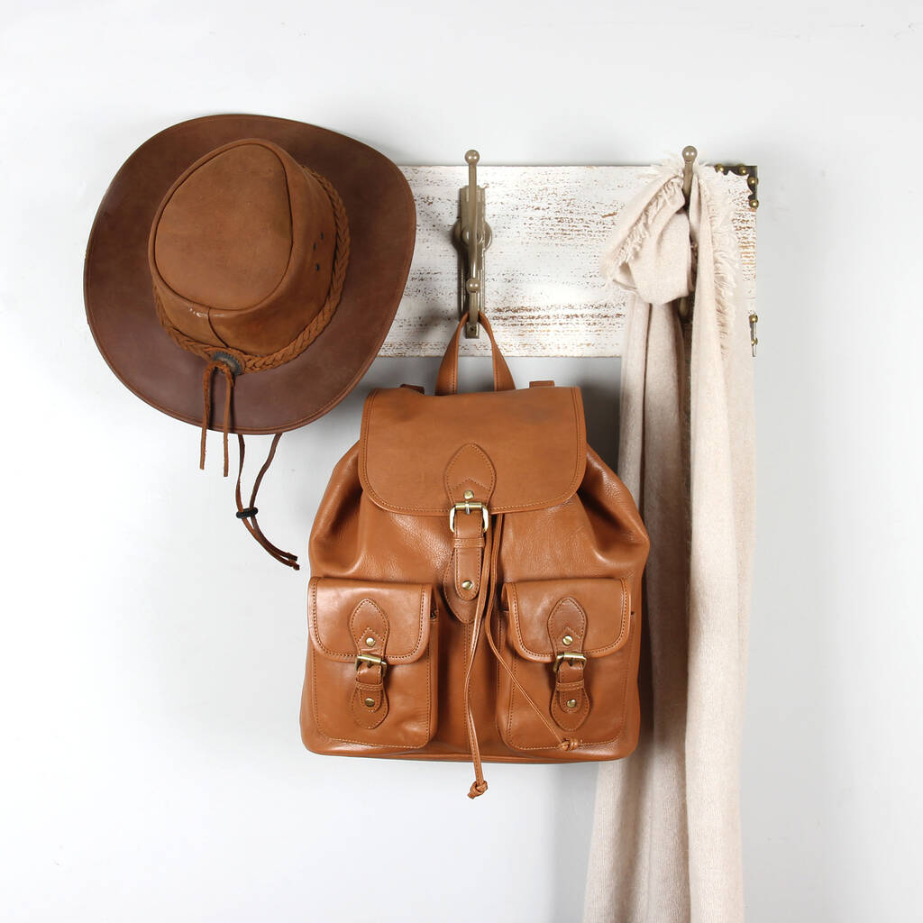small tan leather backpack